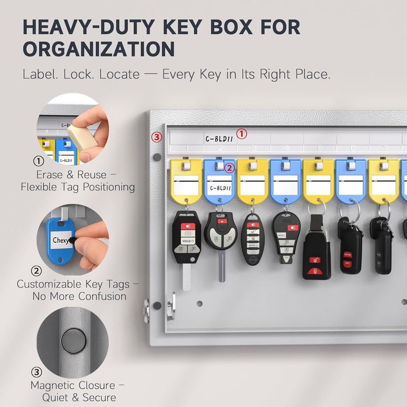 WeHere 16 Key Lock Box with Dual Lock, Combination & Key Unlock, Key Cabinet Wall Mount with Key Tag Label, Key Holder Storage Lockbox for Store, Office, Company, House, App Key Directory ERP - Image 3